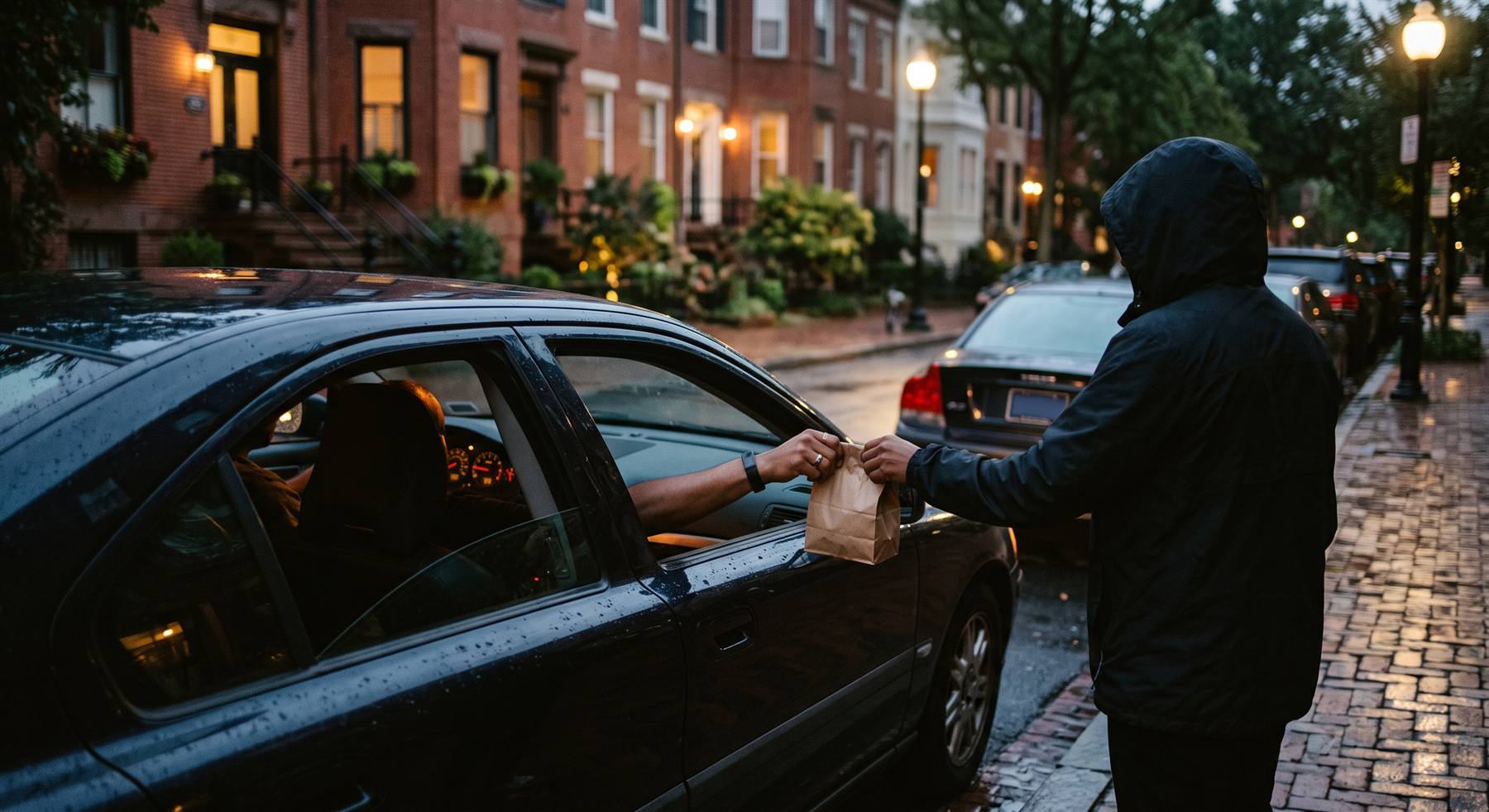 A customer walks up to the driver&rsquo;s window and takes a paper bag from the driver