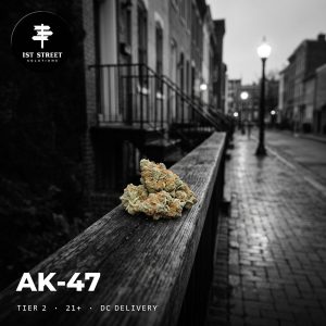 AK-47 Tier 2 flower buds on a wooden rail on a DC rowhouse street, 1st Street DC weed delivery
