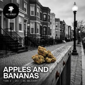 Apples and Bananas Tier 1 indica-leaning hybrid flower, frosty golden-green buds with orange hairs, for DC weed delivery.