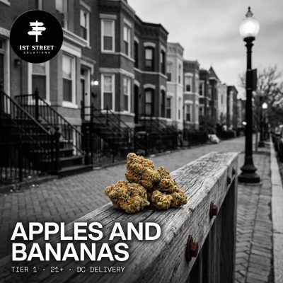 Apples and Bananas Tier 1 indica-leaning hybrid flower, frosty golden-green buds with orange hairs, for DC weed delivery.