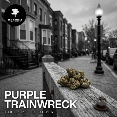 Purple Trainwreck Tier 1 hybrid flower, frosty buds with purple-tinged flecks, for DC weed delivery.