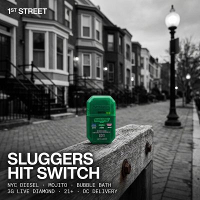Sluggers Hit Switch three chamber 3G live diamond vape: NYC Diesel, Mojito and Bubble Bath, for DC weed delivery.