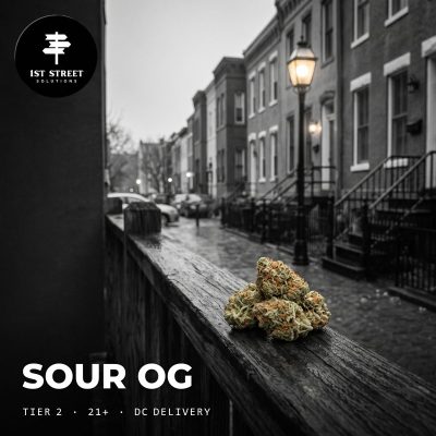Sour OG Tier 2 flower buds on a wooden rail on a DC rowhouse street, 1st Street DC weed delivery